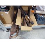 Quantity of vintage wooden handled saws and shears