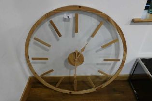 +VAT Large circular acrylic backed wall clock in pine surround Some damage to hands