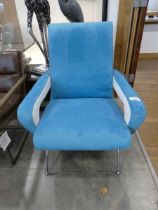 +VAT Blue and white upholstered easy armchair on chrome supports
