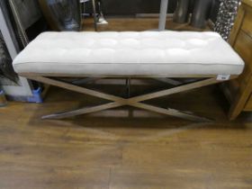 +VAT Beige upholstered long footstool on crisscross chrome support