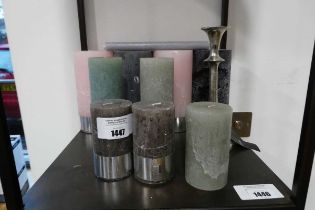 +VAT Group of approx. 12 various candles and silver coloured candlestick