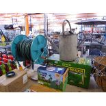Gardena garden hose on reel with boxed 100' expanding water hose, galvanised watering can and