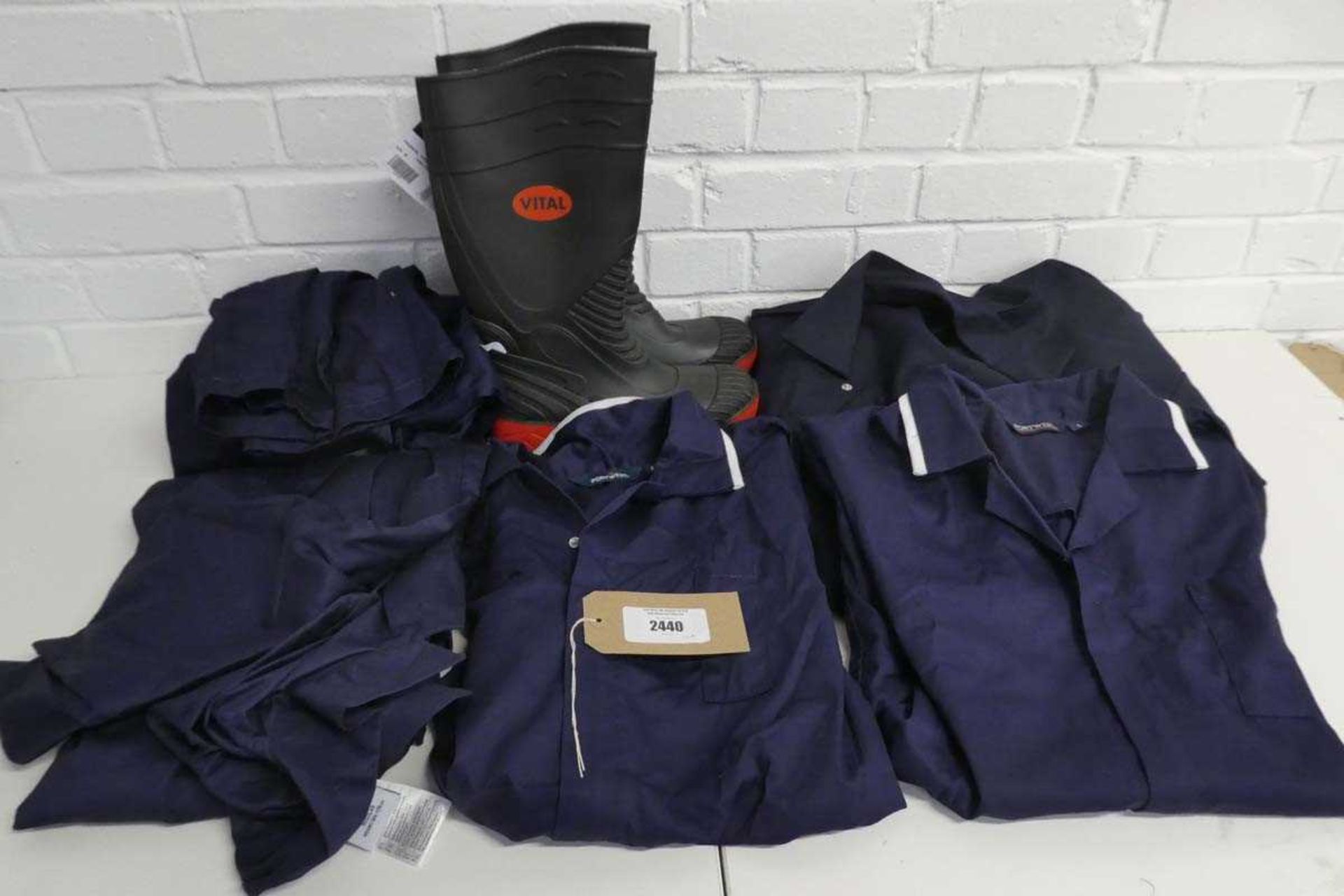 +VAT Pair of Vital steel toe Wellington boots (size 6) with pair of blue work overalls (size 38),