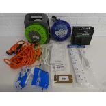 +VAT Bag containing 6 various sized cable reels and extension sockets (80m, 10m etc.), together with