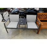 2 tone grey aluminium 2 seater garden bench with glass top table in the middle