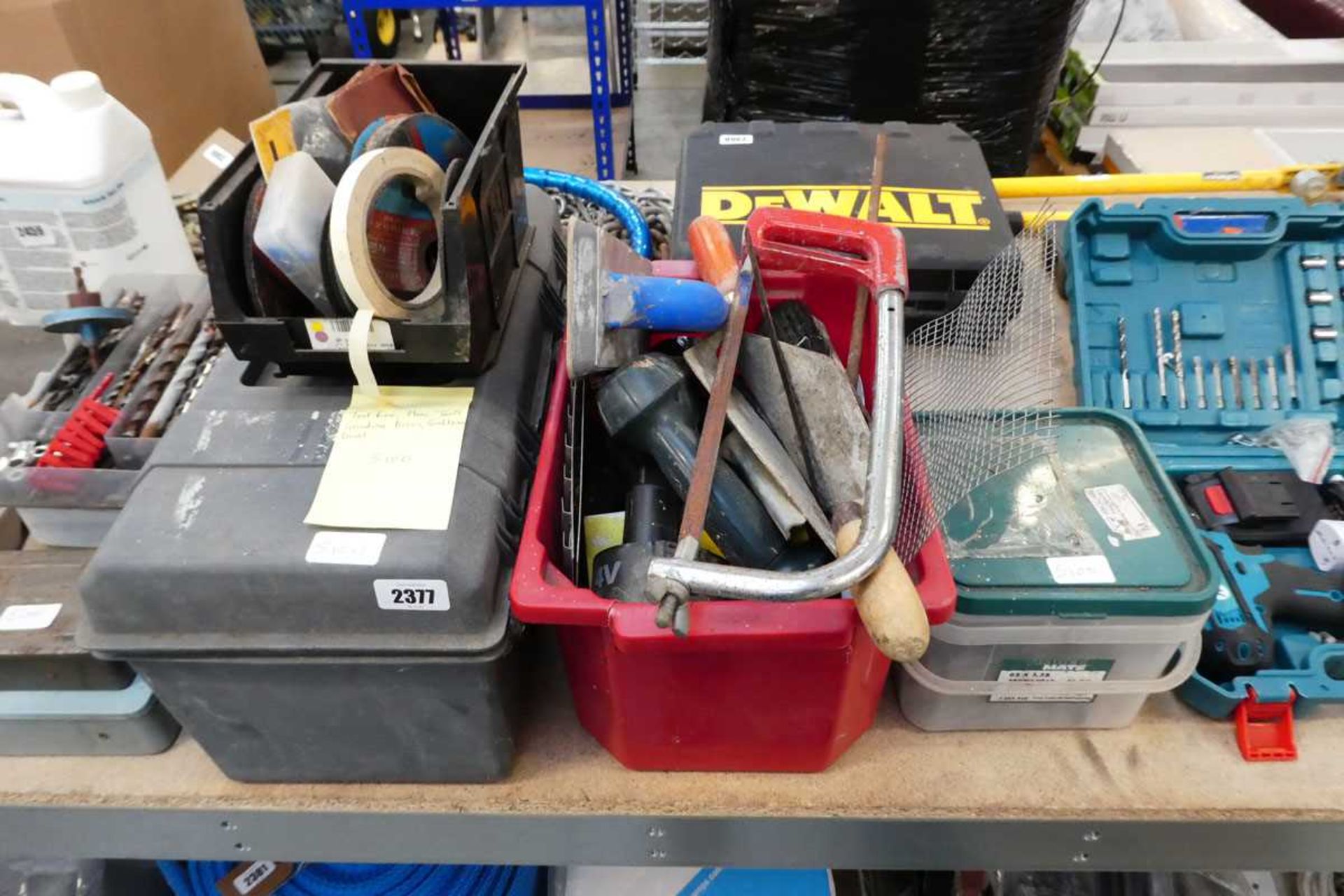 2 toolboxes containing mixed tools with linbin of various cutting discs and tub of galvanised nails
