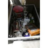 Grey crate containing various chinaware with games incl. rummy, cards and dominoes plus vintage