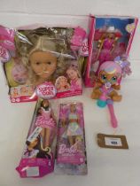 +VAT Barbie from Barbie The Movie, Super Model styling head, 2 other Barbies and doll with dummy,