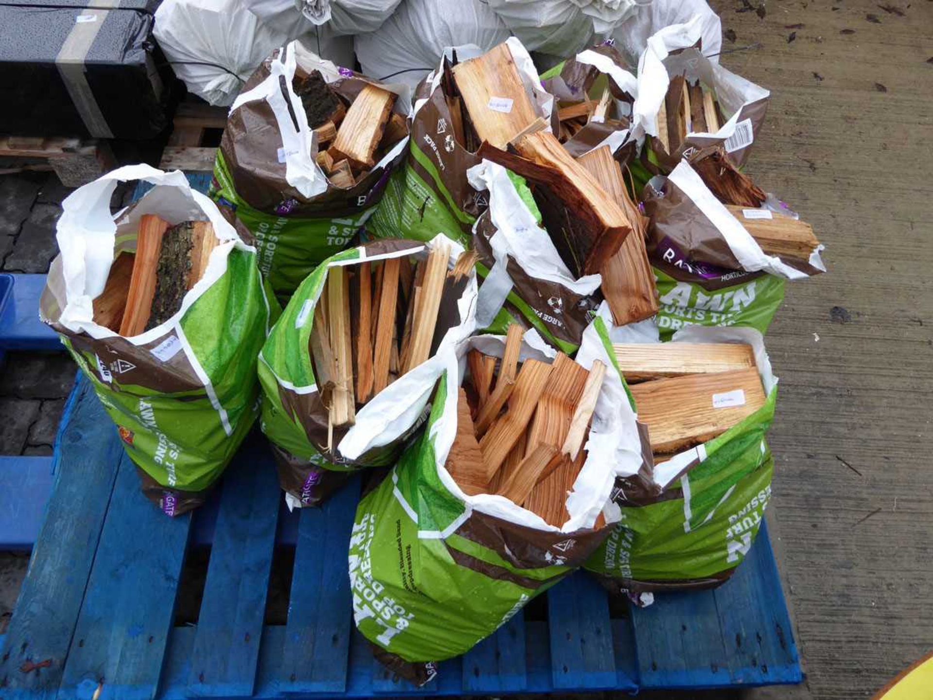 Pallet containing bags of chopped wood