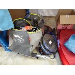 Slazenger cricket bag containing mixed cricket items, together with a quantity of tennis rackets and