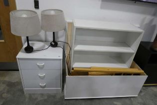 White open front bookcase, white 3 drawer bedside and white painted lidded storage trunk plus modern