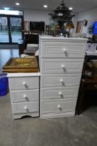 Collection of white bedroom furniture incl. 5 drawer tall boy and similar 3 drawer bedside