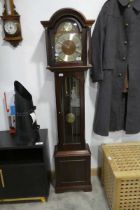 Dark cased grandfather clock with pendulum and weights