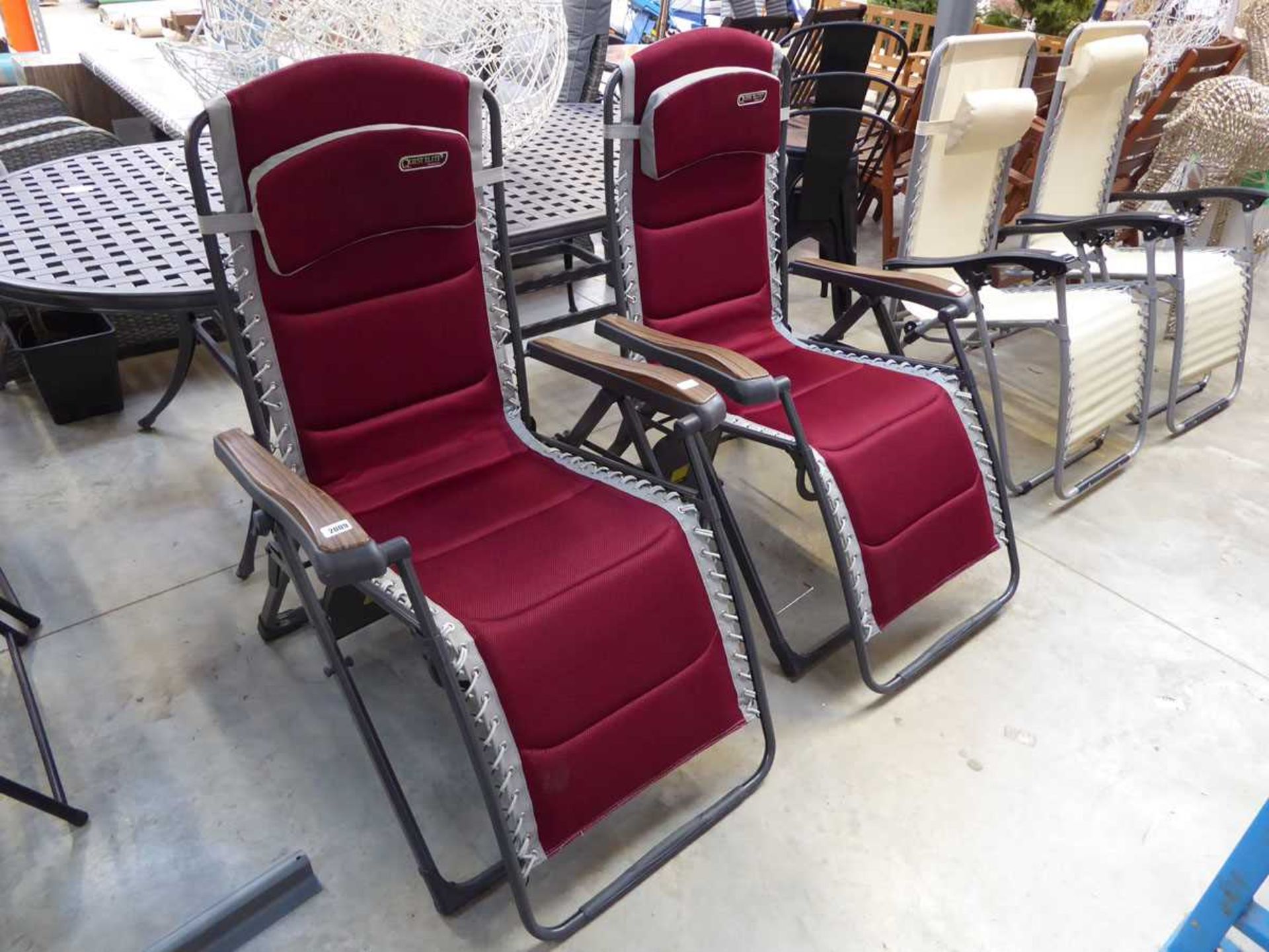Pair of Quest Elite red, grey and brown reclining sunlounges