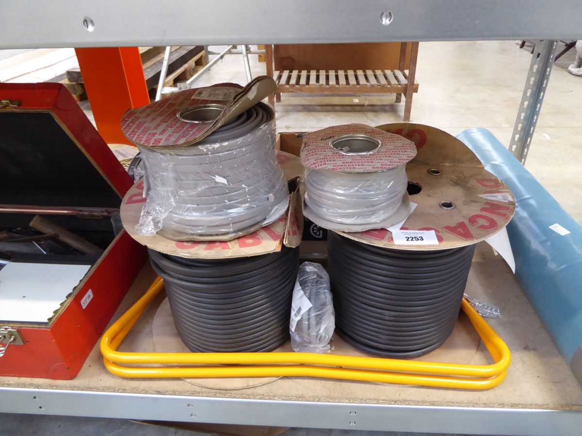 +VAT 2 large reels of armoured cable with 3 smaller reels of cable and cable dispenser