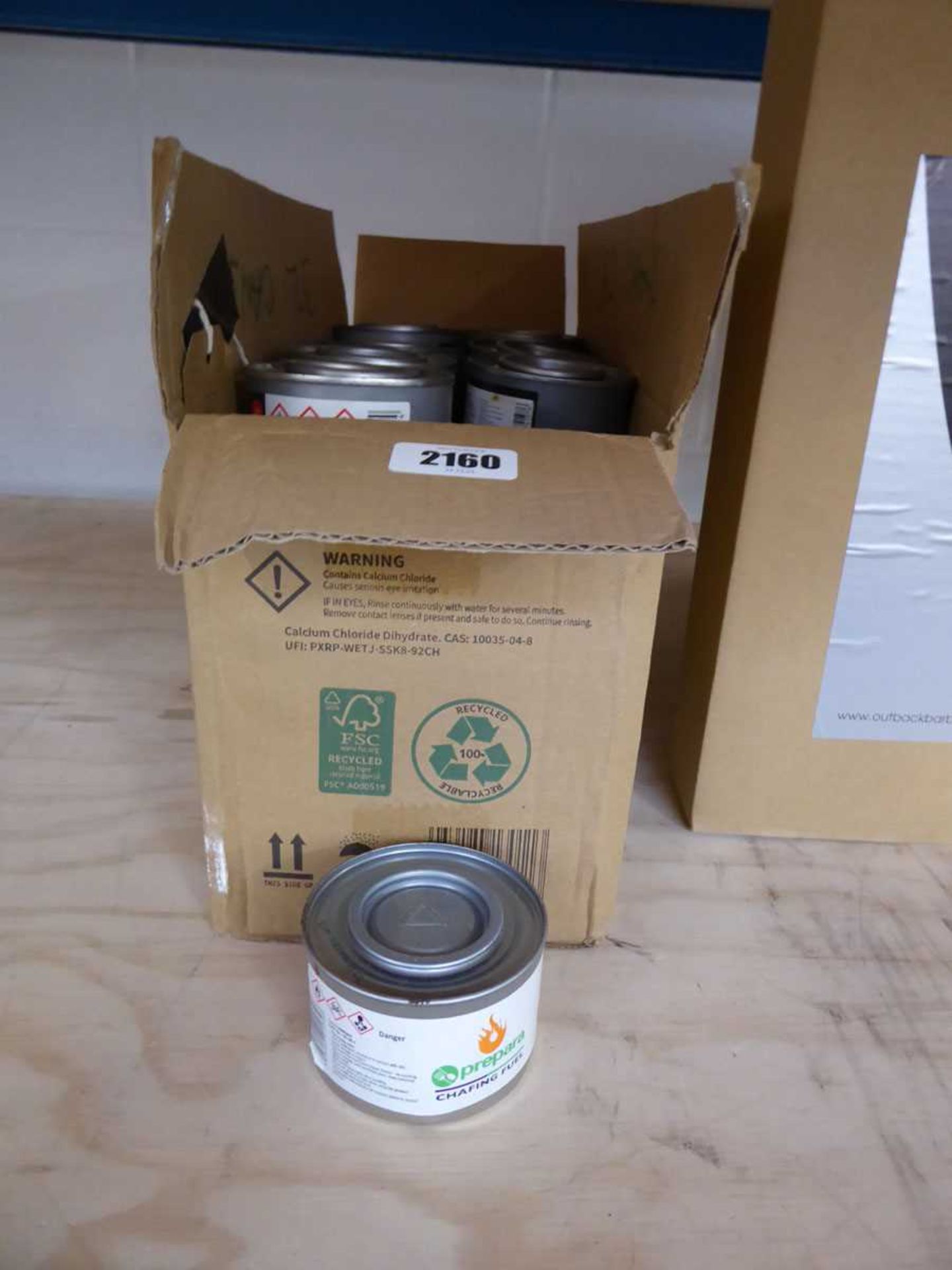 Box containing approx. 32 tin cans of Prepara chafing fuel