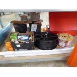Quantity of mixed items incl. electrical conduit, reel of cable, roll of banding, box of tools,