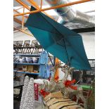 Wind up overhanging parasol in grey and aqua blue