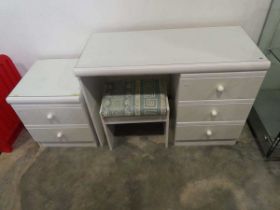 White bedroom suite comprising 3 drawer dressing table with glass surface, matching stool and 2