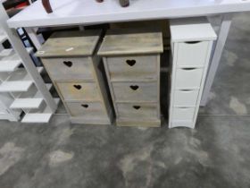Collection of storage furniture incl. modern white storage tower, pair of 3 drawer heart bedsides,