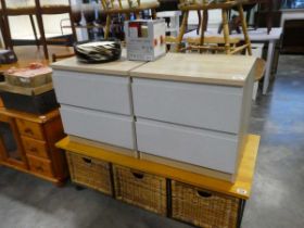 Modern pair of white 2 drawer bedsides with wood effect surfaces