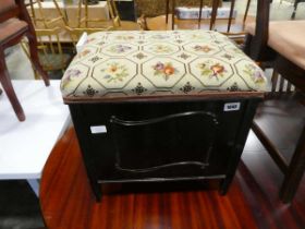 Tapestry upholstered black painted music sheet storage box with internal divisions