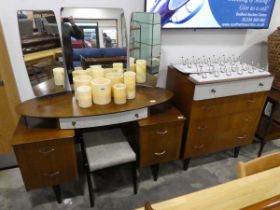 Mid century bedroom suite comprising 2 tone dressing unit with matching grey upholstered stool and 3