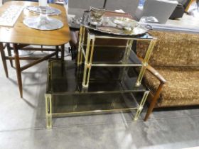 Brass effect coffee table set incl. 2 tier rectangular table with smoked glass surfaces and matching