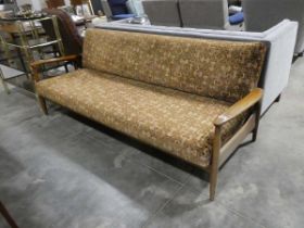 Mid century teak day bed by G-Plan upholstered in brown geometric pattern, 80" wide