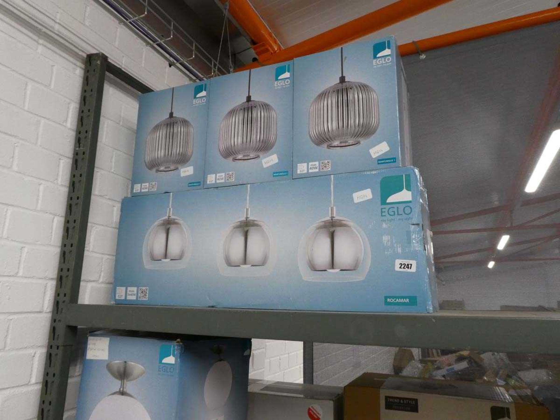 Boxed Eglo 3 section pendant light with 3 boxed Eglo hanging pendant lights in grey