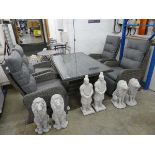 Grey rattan 5 piece garden seating set comprising rectangular glass top table and 4 rattan reclining