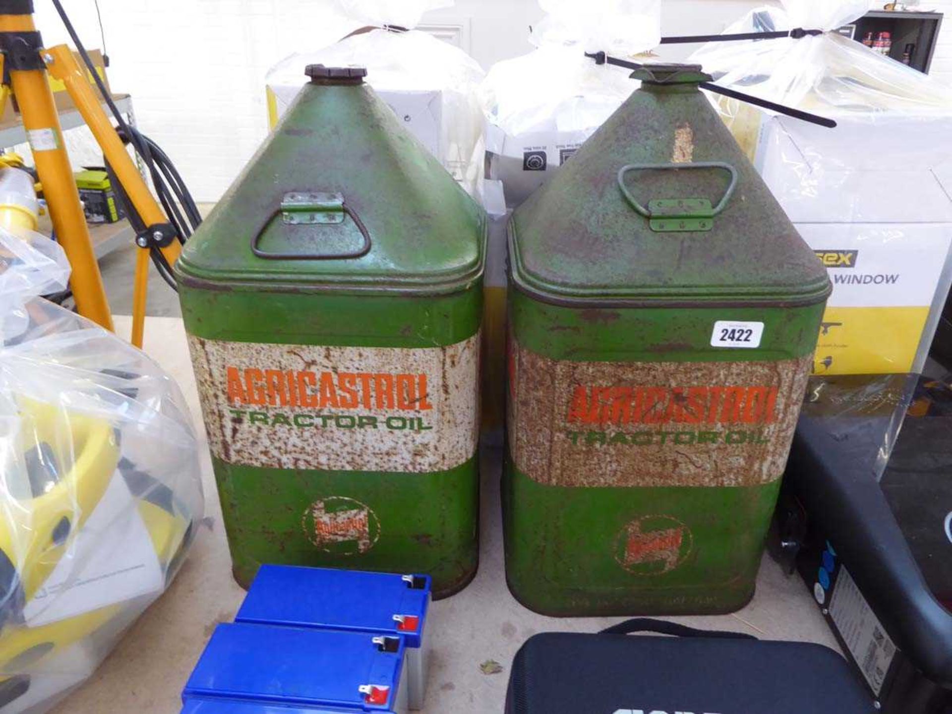 Pair of vintage galvanised Agricastrol tractor oil oil cans