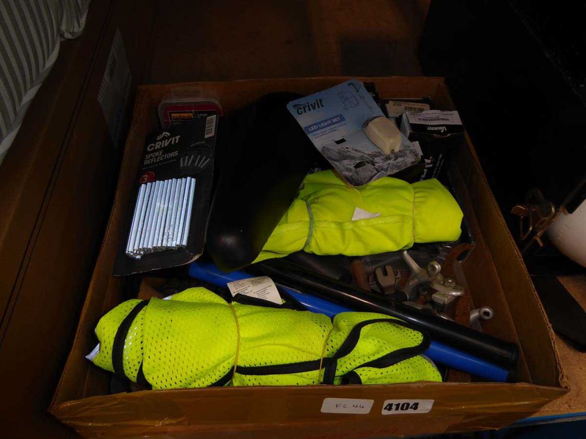 Box of bike parts including seats, inner tubes, pumps etc