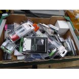 Box of items including covers, flush extension sockets, cables, etc