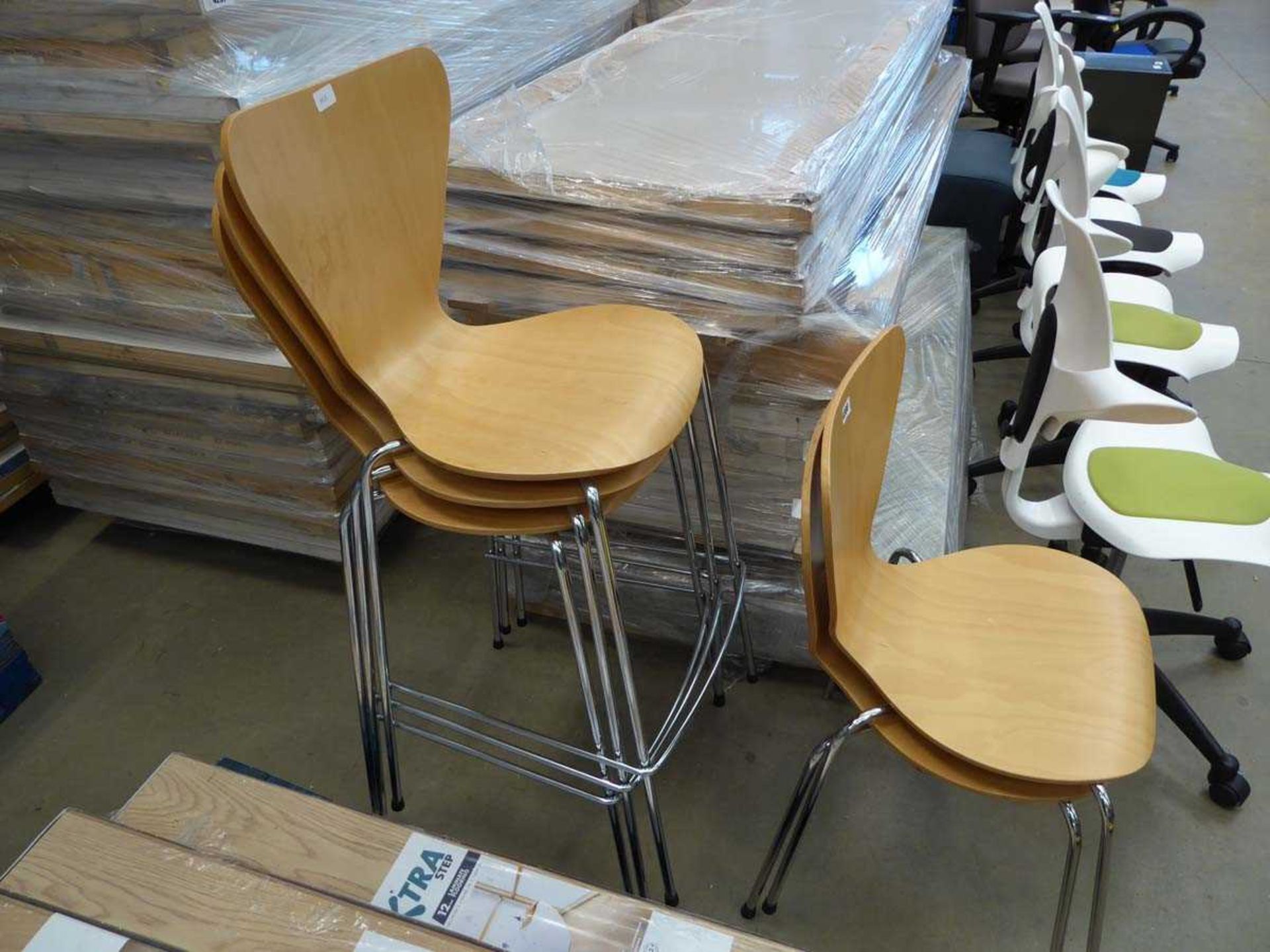 3 wooden chrome based stools and 2 wooden chairs