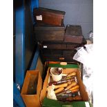 Empty vintage wooden tool box and a small qty of assorted tools