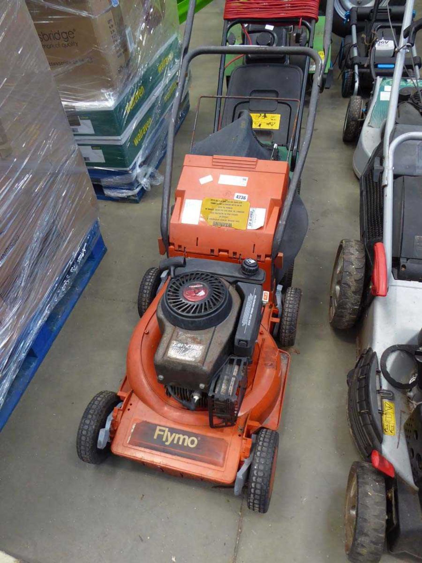 Flymo petrol powered rotary mower with grass box