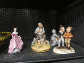 Lladro figure with poodles, Coalport lady and 2 Capo Demonte style figures