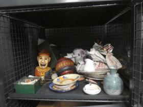 Cage containing clown piggy bank, Clarice Cliff and other crockery, children's top, figure of Snow