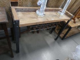 Reclaimed pine console table with wine rack under