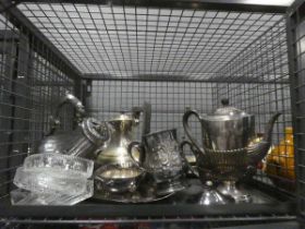 +VAT Cage containing silver plate to include tea services, tray plus glassware