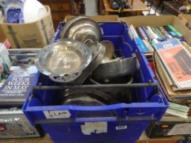 Box containing silver plate including gallery trays, various dishes, jug, and loose cutlery