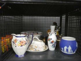 Cage containing large fruit bowl, Staffordshire figure, Jasper ware and cheese dish