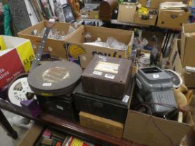 Qty of film reels and cannisters plus projectors, drum and banjo a/f