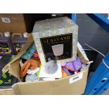 +VAT Box of mixed items inc. pet toys, pet food and sea and sand scented candle