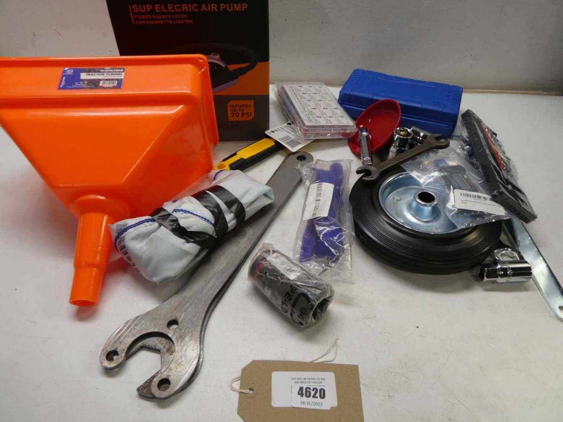 +VAT Electric air pump, fuel funnel, spanners, sockets, electrical connectors etc