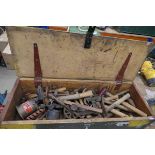 Military style wooden box with vintage hand tools