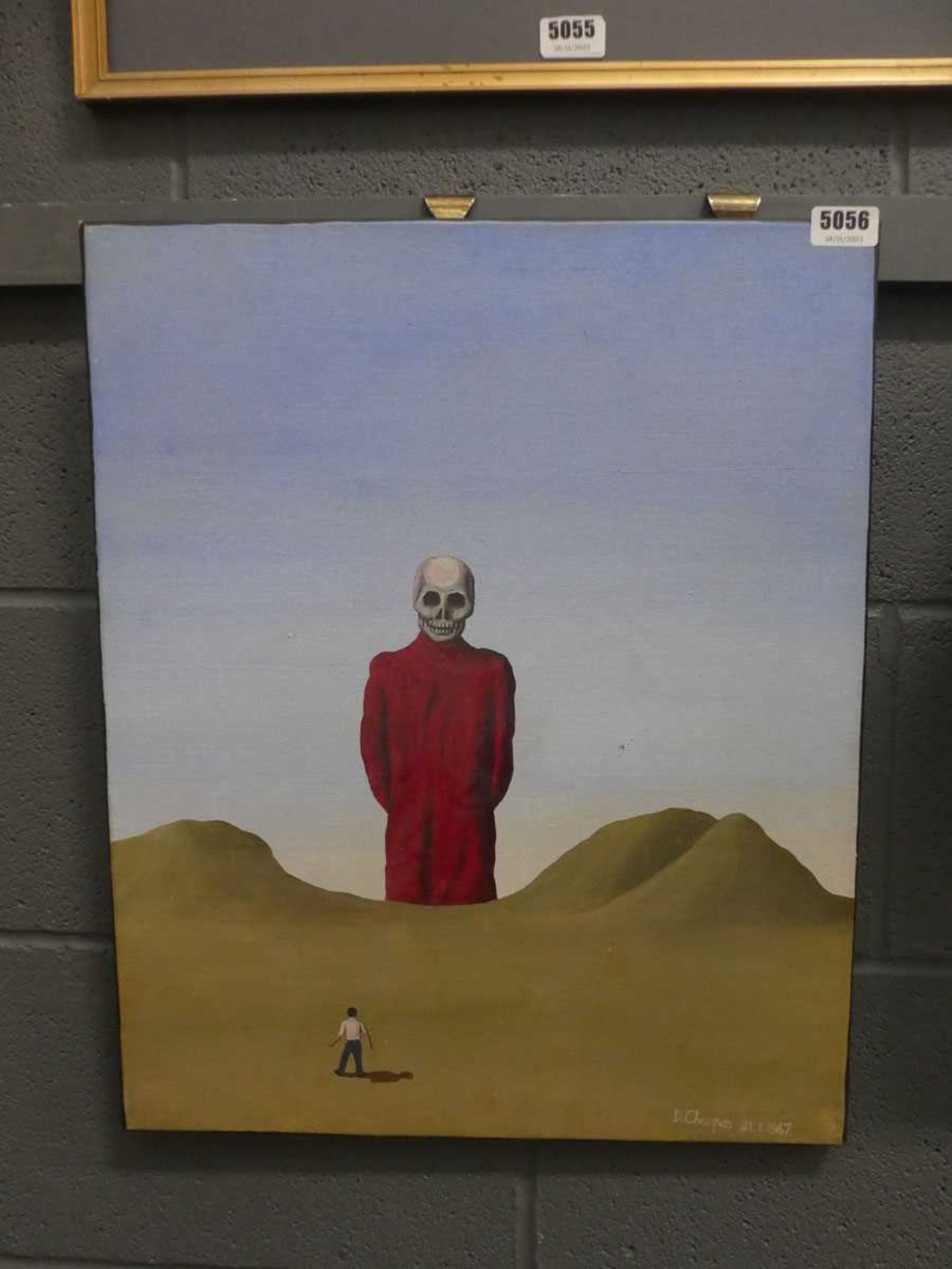 Modern oil on canvas - surreal scene with death and figure in foreground