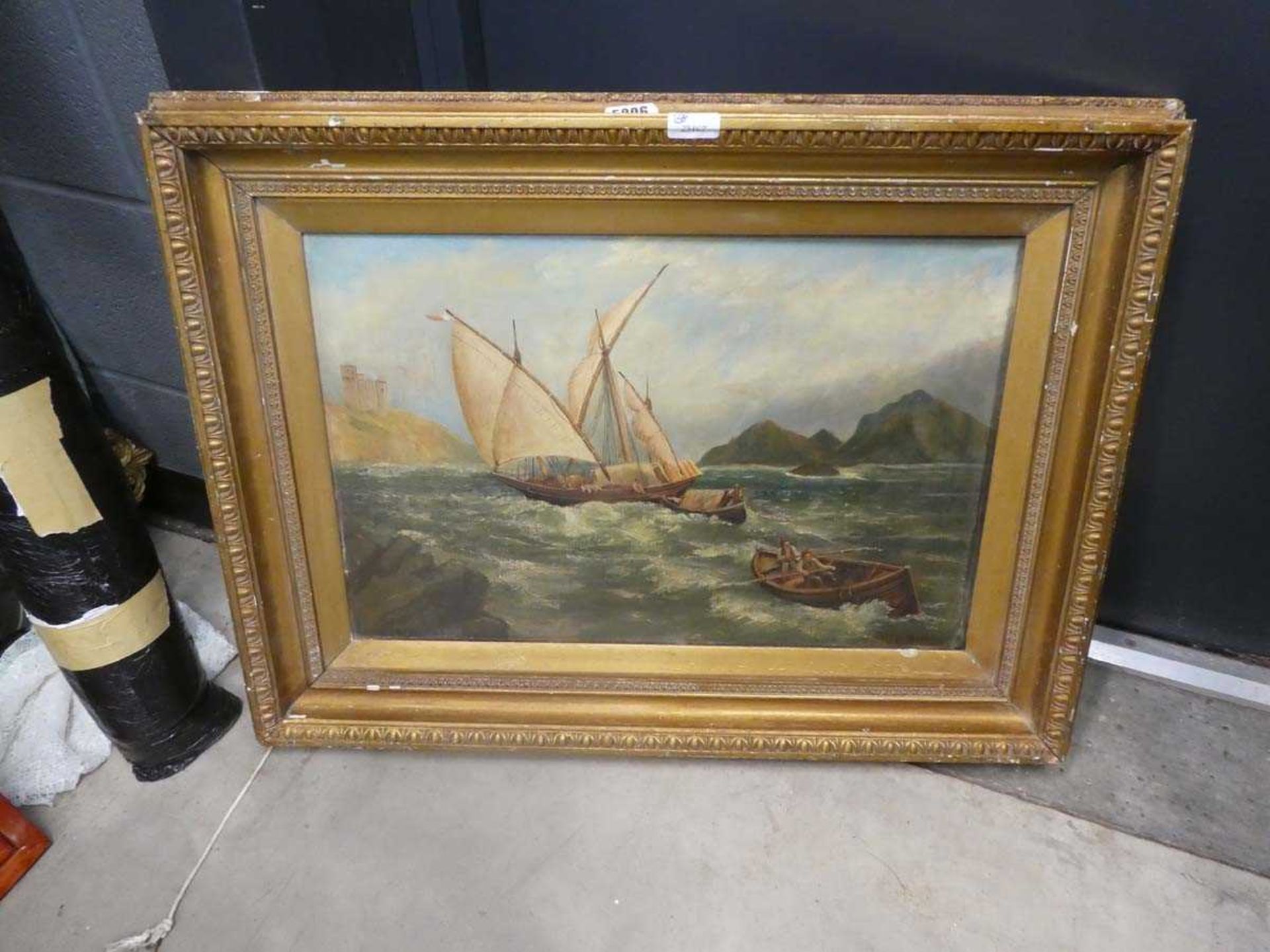 (4) Oil on canvas, fishing boat on stormy sea