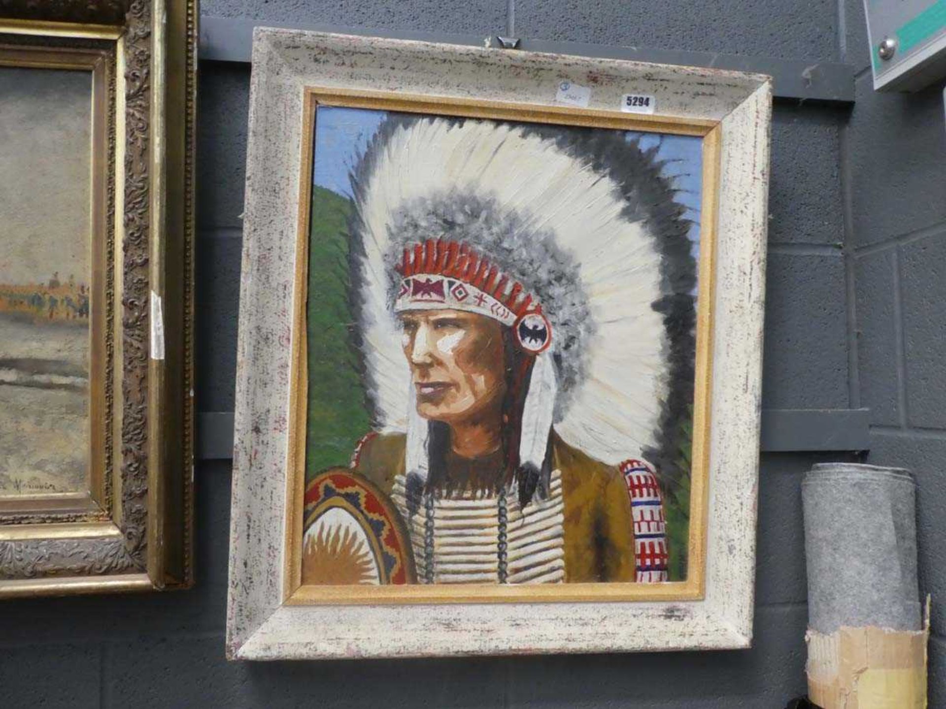 (3) modern oil on board, North American Indian Chief